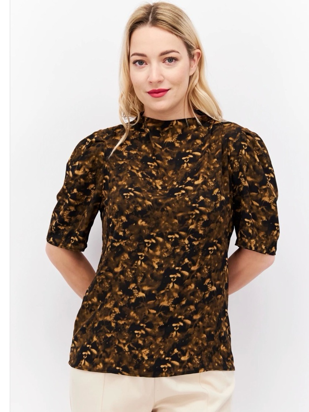 Calvin Klein Black and Brown Abstract Mock Neck Blouse